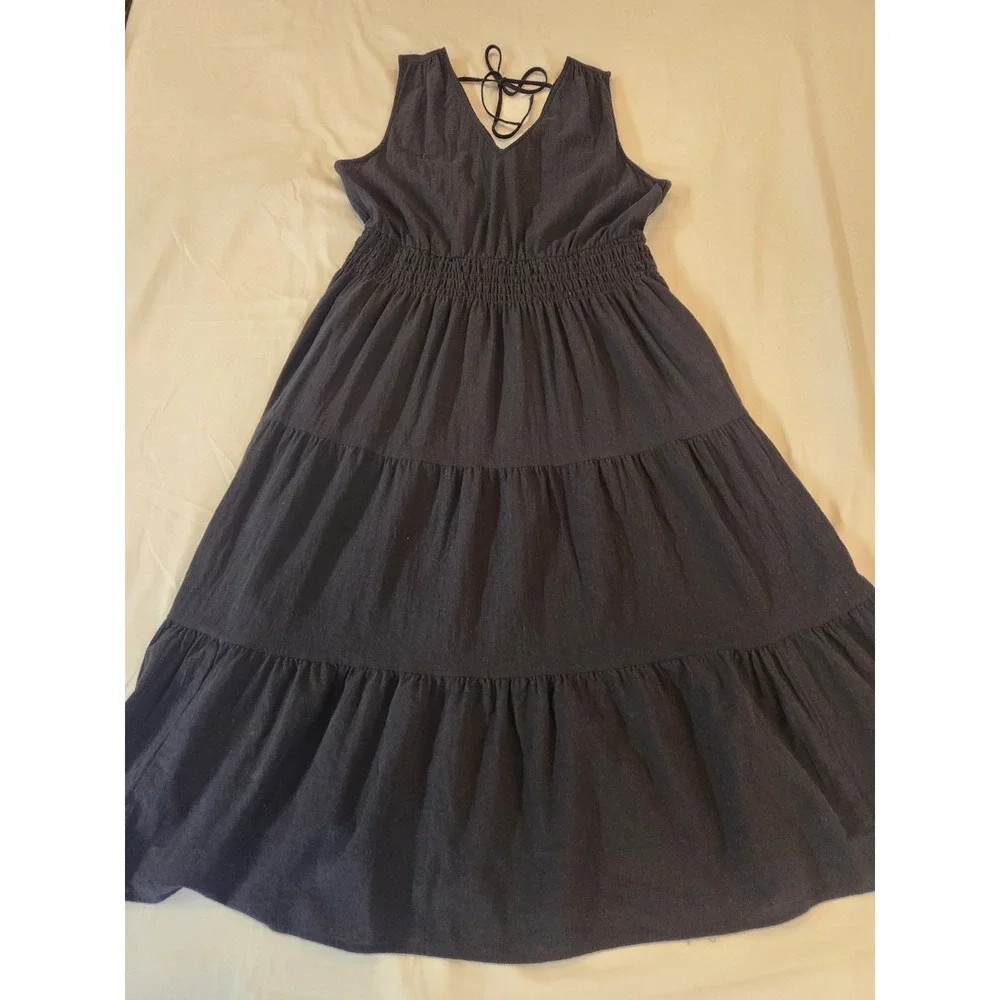 The Get Women's Black V Neck & Open Tie Back Sleeveless Maxi Tier Dress Size XL‎